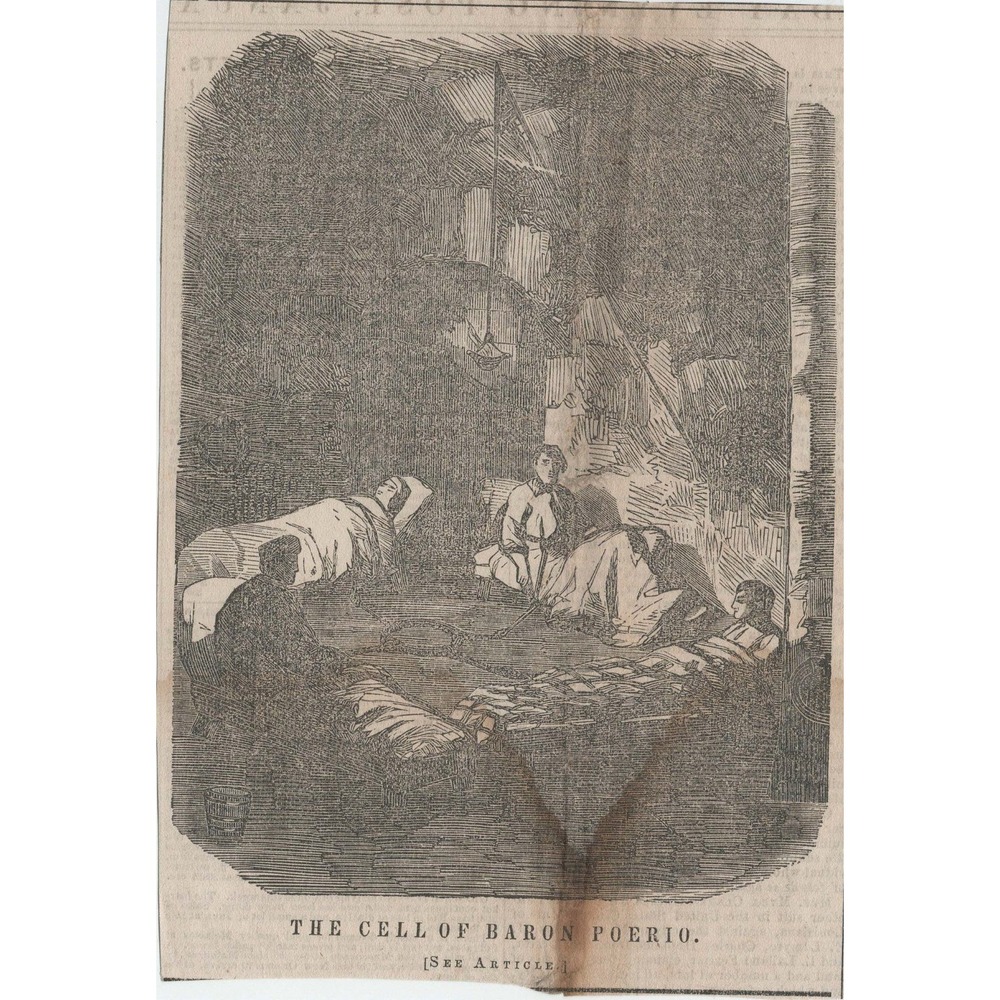 Antique 1850s Saturday Evening Post Clipping The Cell of Baron Poerio Engraving